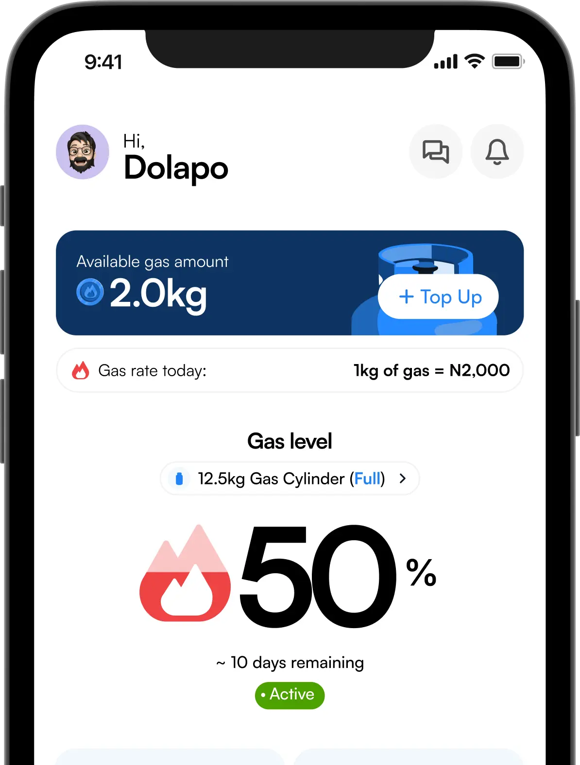 BuyGas app showing live gas level, top-up, and usage insights